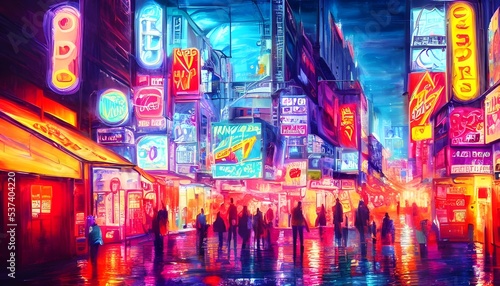 I'm walking down the city street at night and the colorful neon signs are shining brightly. © dreamyart