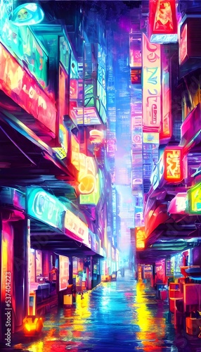 I'm walking down the city street at night and everything is alive with color. The neon lights reflect off the wet pavement and tint everything in a surreal glow. © dreamyart