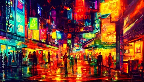 The city street is a lively place at night, with colorful neon signs lighting up the way.