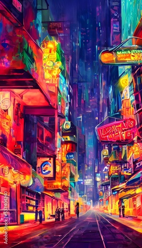 The city street is vibrant with colorful neon lights. They blink and flash, illuminating the dark night sky. The scene is both exciting and calming, a sign of life in the big city.