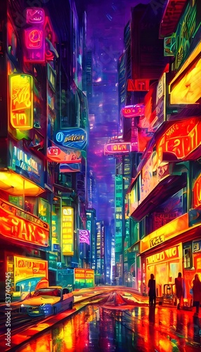 I'm walking down a city street at night. The neon lights are bright and colorful, and they reflect off the wet pavement. I can hear the sound of cars honking and people talking as they walk past me.