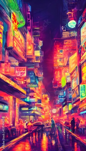 The city street at night is full of color and light. The neon signs are bright and the people are out enjoying the nightlife.