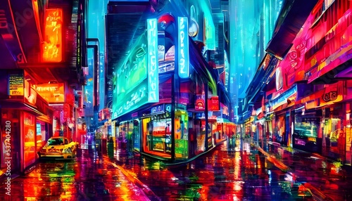 It's a city street at night. The buildings are tall and there are lots of people around. The neon lights make the scene look very colorful.