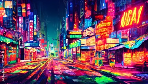 I'm walking down a busy city street at night. The tall buildings on either side of me are lit up with colorful neon lights. I can hear the sound of cars honking and people talking as they pass by.