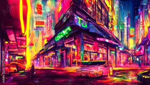 I m walking down the city street at night and I see colorful neon lights. They re so bright and pretty  I can t help but look at them.