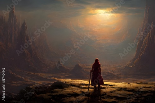 The lone figure stands on the bleak landscape, totally alone amongst the barren rocks and dusty ground. They are completely alien to this environment, their only company the cold darkness of space.