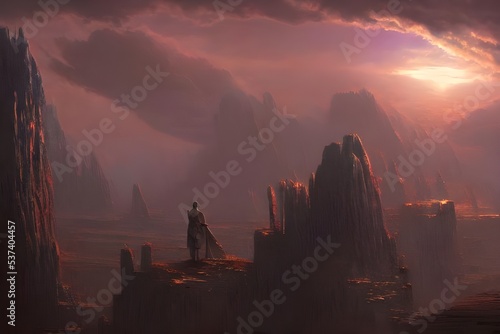 A lone figure stand amongst an alien outer space landscape. The colourful planets and swirls of stars provide a beautiful, but stark backdrop to the figure who seems small and insignificant in compari