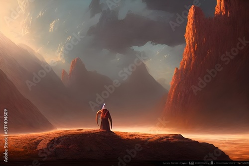 There's a lone figure in an alien landscape. They're standing on a rocky outcropping, looking out at the desolate scene around them. In the distance there are strange mountains, and an eerie glow perm
