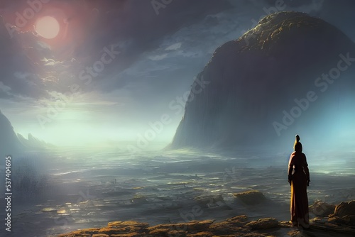 A lone figure stands on an alien landscape, looking out at the vast expanse of space. They are surrounded by a hostile environment, and their only hope is to find a way back home.