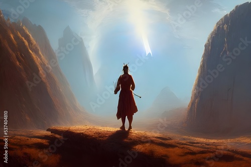 The lone figure is standing on an alien landscape. The sky is a deep blue, and there are two moons in the distance. The figure is wearing a white suit with a helmet that has a visor over the face.
