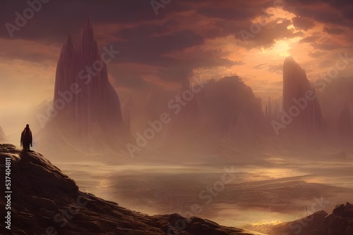 The lone figure stands on an alien landscape, looking out into the vast expanse of space. They are completely alone in this strange place, surrounded by unfamiliar terrain. Despite the solitude, they 
