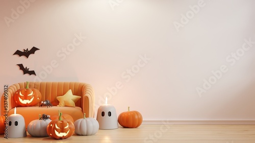 Halloween party in living room with orange sofa and accessories decoration party.