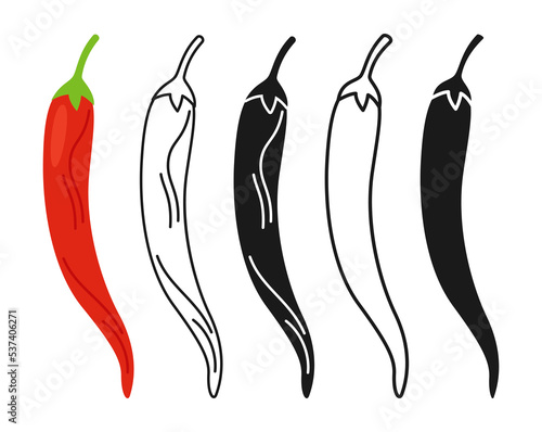 Red chili spicy pepper cartoon linear symbol set, doodle style, silhouette. Fresh vegetable icon, organic healthy food spice chilli pepper design. Agricultural vegetarian kitchen, farm market vector