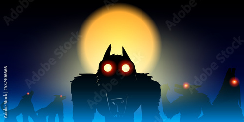 Werewolves howling at the full moon on a foggy night. Big scary monsters with burning eyes. Creepy vector illustration with mystical animals. Halloween vector image with space for text.