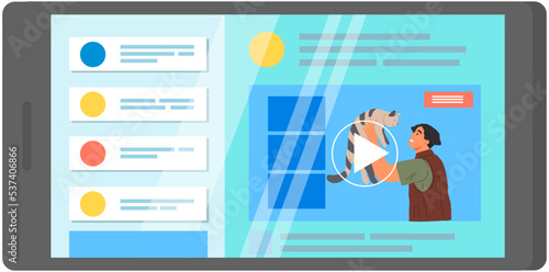 Video player about male pet owner playing with cat. Caring for animals, joint pastime with pets concept. Movie with happy man holding cute kitty. Kitten, domestic animal with guy on phone screen