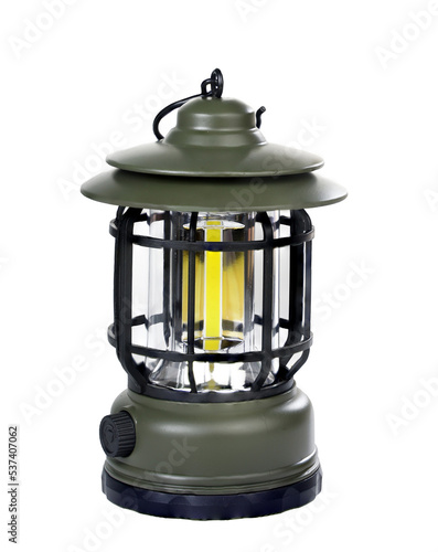 LED camping lamp on white background.