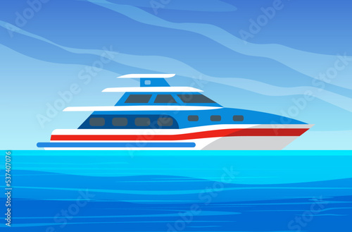 Motor boat sailing along seashore. Traveling on yachts by sea concept. Sailboat, modern yacht on open ocean vector illustration. Motor boat on water in sunny day. Beautiful scenery on ocean and ship