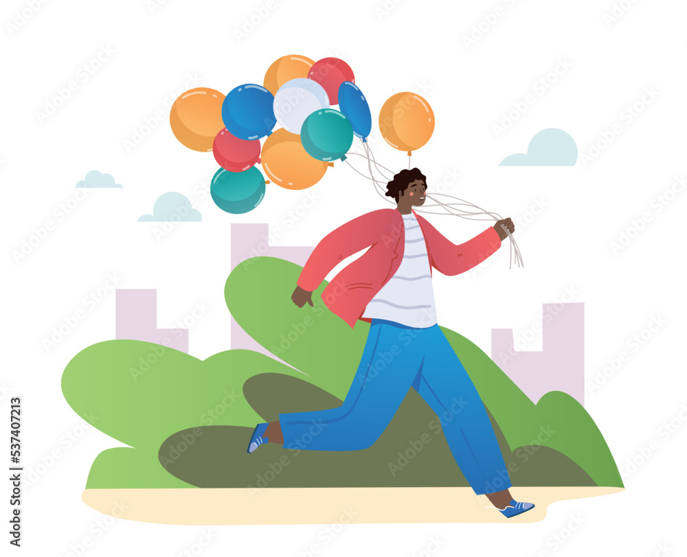 Happy woman with balloons. Young person goes to event, celebrates holiday. Active lifestyle and walk in park. Birthday greeting or invitation postcard design. Cartoon flat vector illustration Happy woman with balloons. Young person goes to event, celebrates holiday. Active lifestyle and walk in park. Birthday greeting or invitation postcard design. Cartoon flat vector illustration
