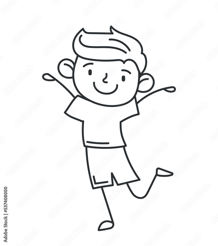 Black hand drawn boy. Stickers for social networks. Child pulls his hands up, optimism and positivity. Happy character smiles. Minimalistic childrens drawing. Cartoon flat vector illustration