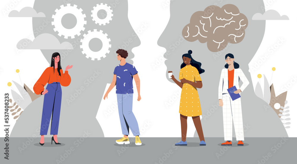 Linguistics as language. Communication and interaction of people from different countries. Characters evaluate work of brain. Speech analysis for global understanding. Cartoon flat vector illustration - obrazy, fototapety, plakaty 