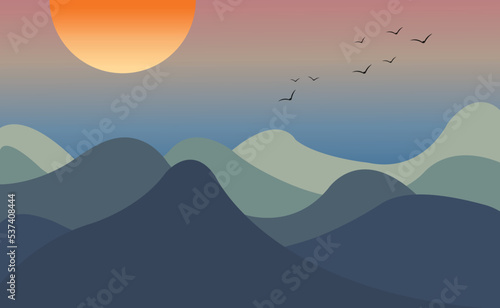 Flock of birds flying over the mountains in the morning. Vector Illustration © Passakorn