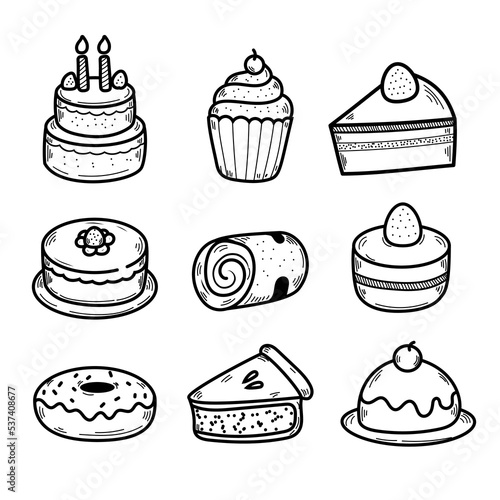 Set of cake vector illustrations with hand-drawn style isolated on white background. Cakes doodle collection