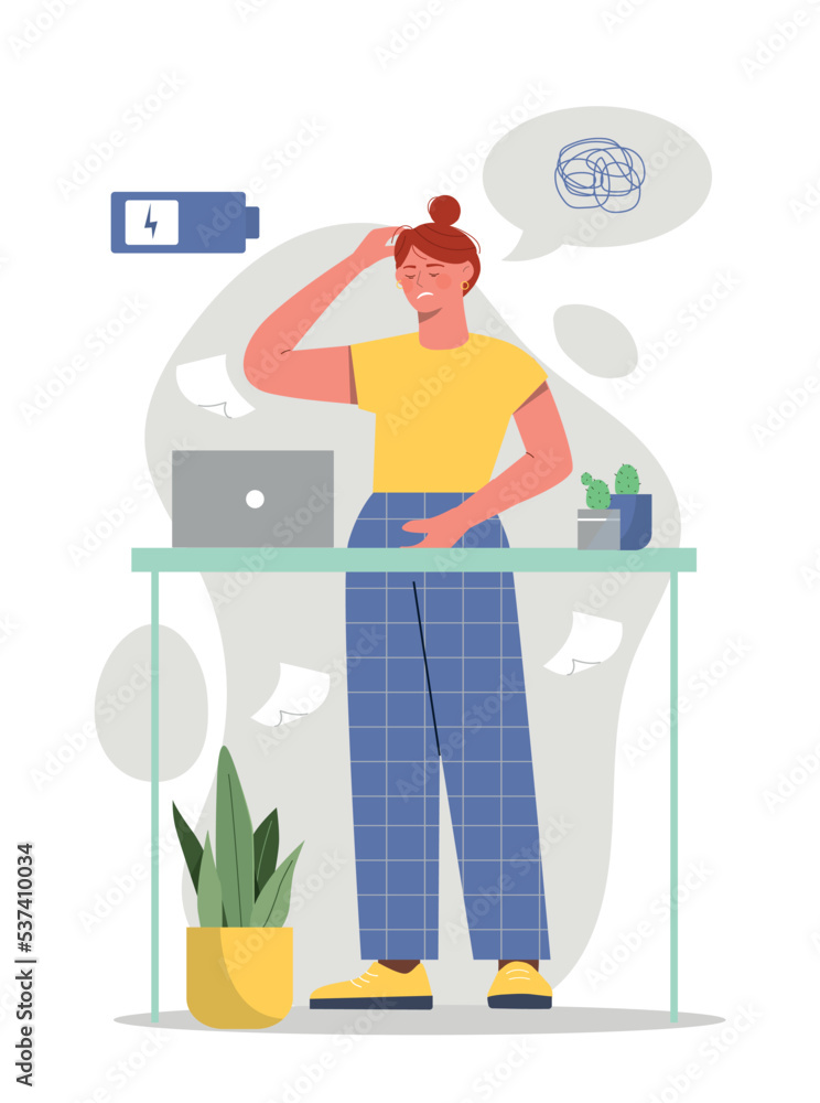 Overwhelmed woman concept. Young girl tired at workplace, emotional burnout and low battery. Mental health and psychological problems. Pressure, stress and panic. Cartoon flat vector illustration Overwhelmed woman concept. Young girl tired at workplace, emotional burnout and low battery. Mental health and psychological problems. Pressure, stress and panic. Cartoon flat vector illustration