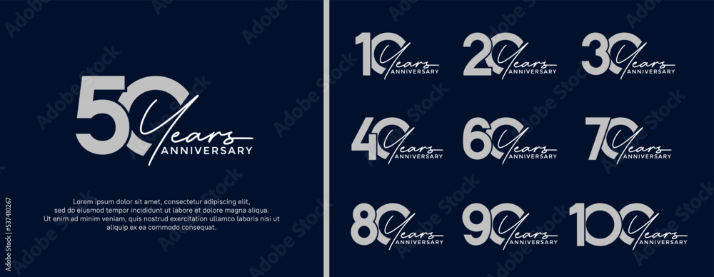 set of anniversary logo flat silver color on dark blue background for celebration moment - obrazy, fototapety, plakaty 