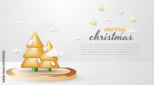 Luxury christmas card with podium and christmas tree decoration gold ball ornament on white background