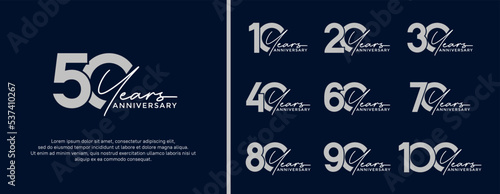 Valokuva set of anniversary logo flat silver color on dark blue background for celebratio