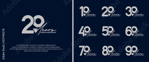 set of anniversary logo flat silver color on dark blue background for celebration moment