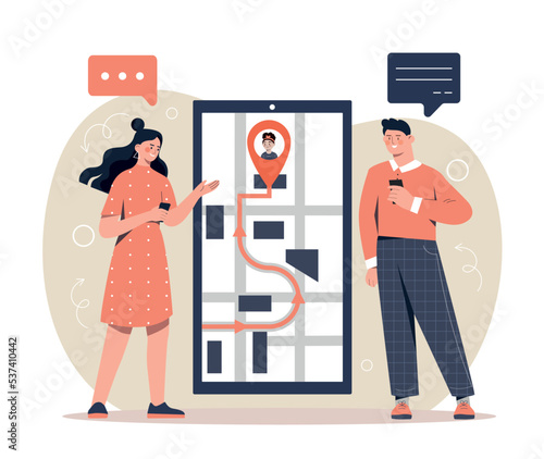Control app concept. Man and woman track route and movement of courier. Logistics, geolocation and transportation of goods, home delivery and online shopping. Cartoon flat vector illustration