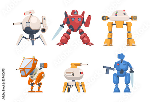 Set of War robots. Characters with modern futuristic exoskeletons or battle armor. Droids with innovative weapons. Design elements for game. Cartoon flat vector collection isolated on white background © Rudzhan