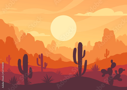 Beautiful desert landscape. Organic background with Western Texas panorama. Banner with silhouettes of mountains, canyons, scorching sun and cacti. Nature of USA. Cartoon flat vector illustration