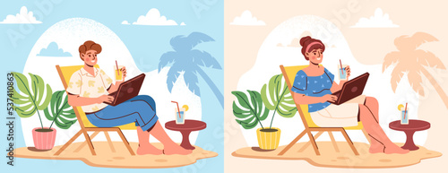 Set of happy freelancers. Man and woman remote workers relaxing on beach and working on laptop. Flexible working hours. Characters complete projects on vacation. Cartoon flat vector illustrations