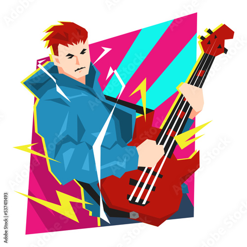 cool young man guitar player, bass player. colorful abstract background, flash effect, spotlight. music themes, art, hobbies, clothes design, stickers, posters, etc. flat vector illustration