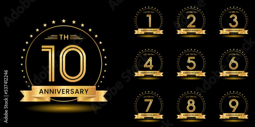 Set of anniversary logotype with golden text, anniversary celebration template design isolated on black background. vector template illustration3