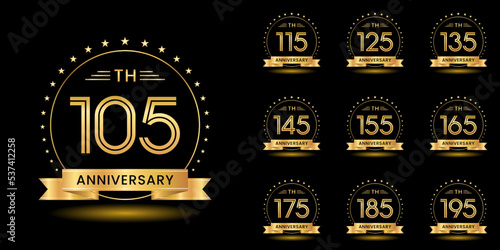 Set of anniversary logotype with golden text, anniversary celebration template design isolated on black background. vector template illustration
