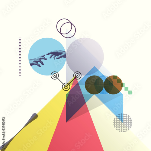 Two hands reaching for each other. Art composition. Transparency geometrical background. Cover design template for presentation, poster, cover or brochure. Vector illustration on a social topic.