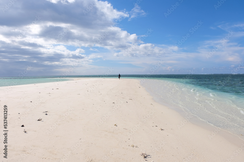 Solo person standing on a remote pristine sandbar tropical island with white sand and turquoise ocean in the tropics of Melanesia, Bougainville, Papua New Guinea