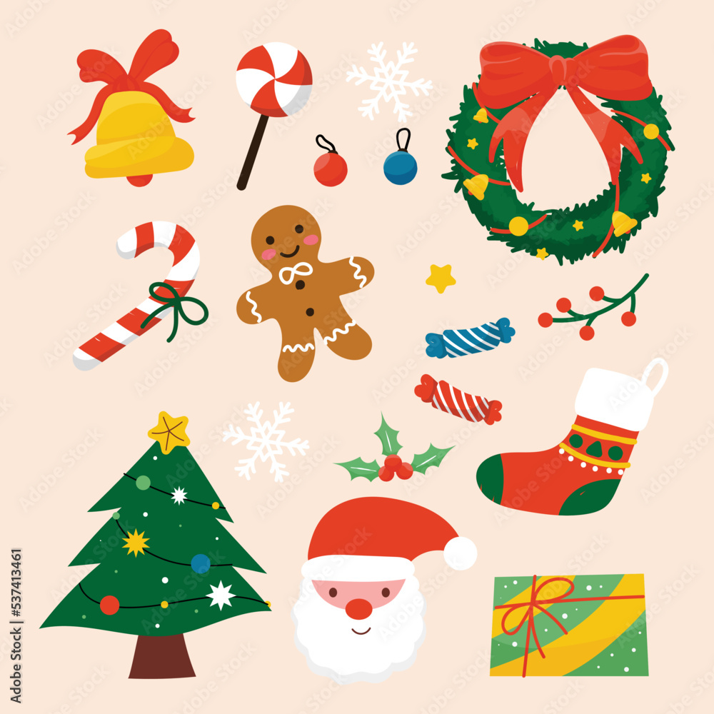 Holiday set with cute characters and decorative Christmas elements. Festive colorful vector illustrations Holiday set with cute characters and decorative Christmas elements. Festive colorful vector illustrations