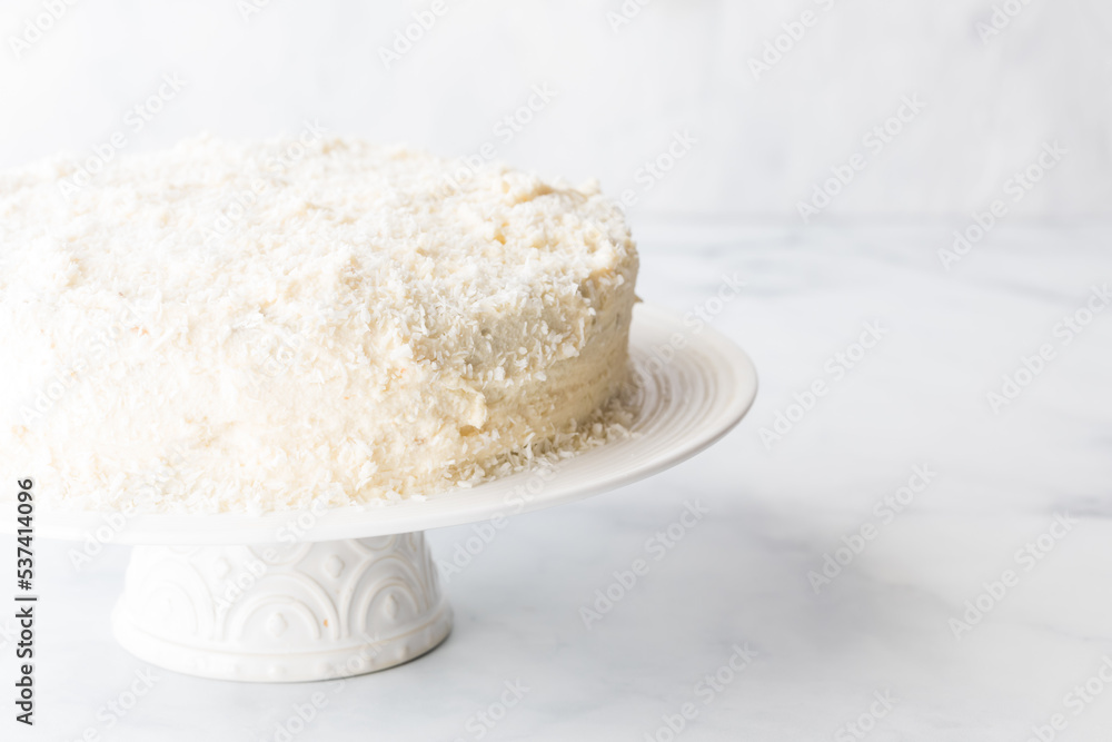 A coconut covered cake brightly lit from the side against a light background.