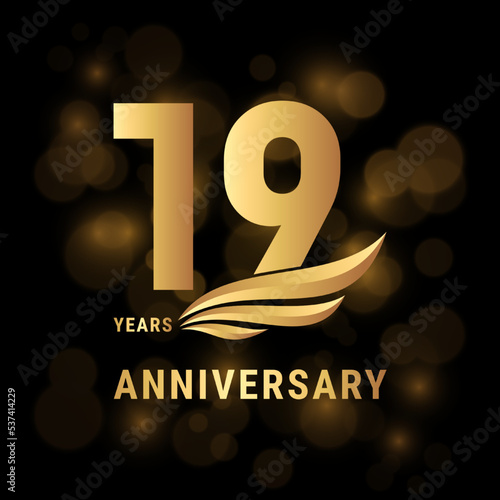 19th Anniversary Logo, Logo design with gold color wings for poster, banner, brochure, magazine, web, booklet, invitation or greeting card. Vector illustration