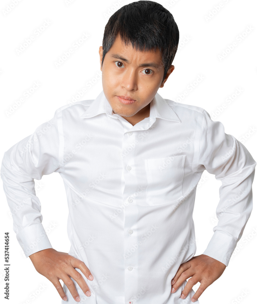 Portrait of businessman holding hands on waist in white shirt. Portrait of businessman holding hands on waist in white shirt.