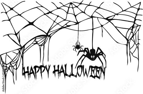 Vector spider with its web along with the inscription Happy Halloween.