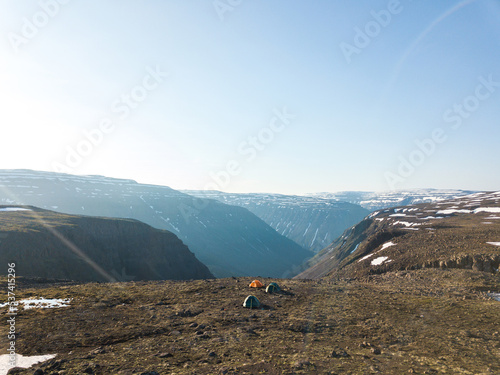 Tents at the edge of the canyon on the Putorana Plateau. Russia