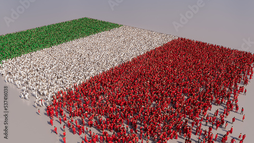 Aerial view of a Crowd of People, gathering to form the Flag of Italy. Italian Banner on White Background.
