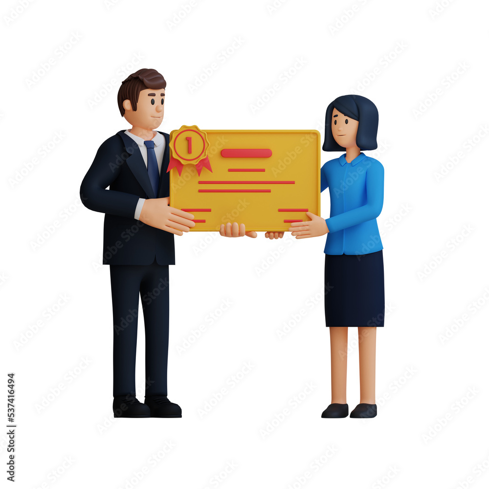Employee receive document certificate 3d character illustration Employee receive document certificate 3d character illustration