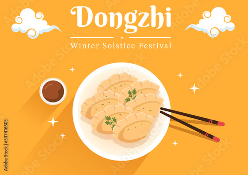 Dongzhi or Winter Solstice Festival Template Hand Drawn Cartoon Flat Illustration with Family Enjoying Chinese Food Tangyuan and Jiaozi Concept