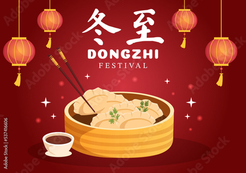 Dongzhi or Winter Solstice Festival Template Hand Drawn Cartoon Flat Illustration with Family Enjoying Chinese Food Tangyuan and Jiaozi Concept